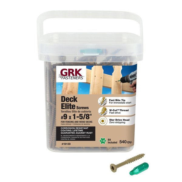 Grk Fasteners Deck Screw, #9 x 1-5/8 in, Steel, Trim Head, Torx Drive, 540 PK 19159